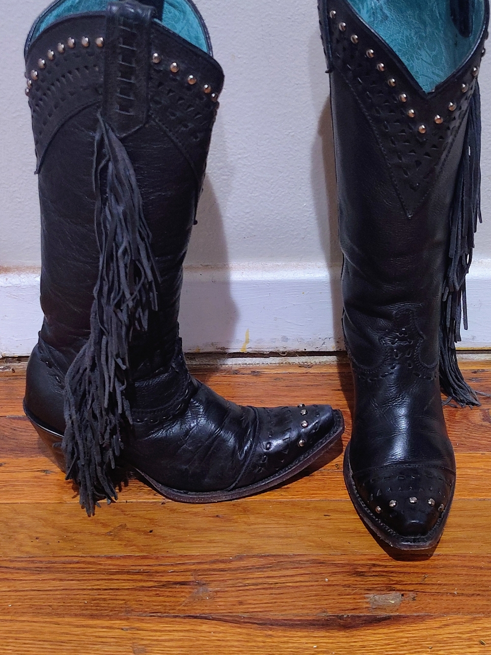 Black Fringe Studded Western Heeled Boots